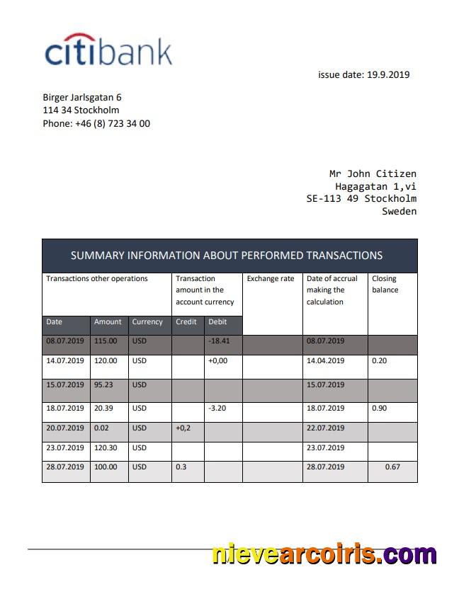 Sweden Citibank statement easy to fill in .doc and .pdf format, fully editable